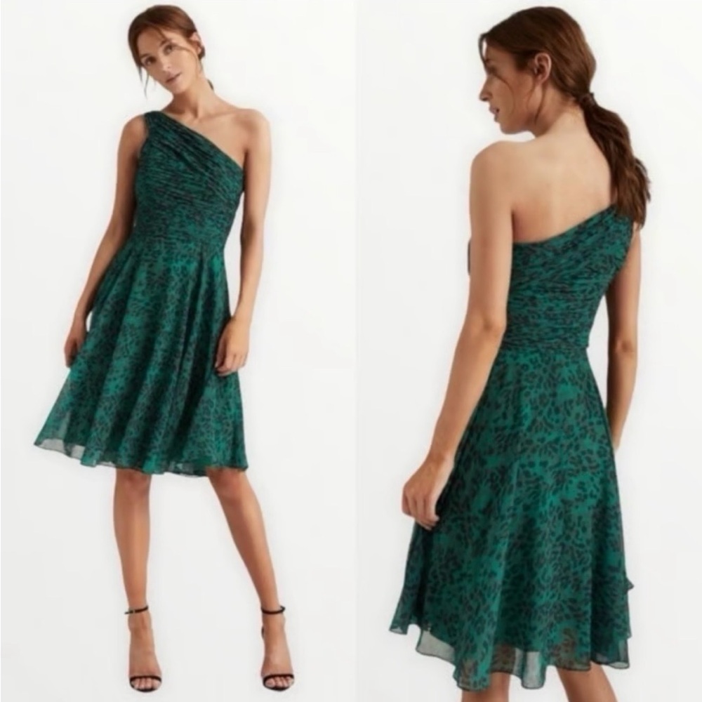 Halston Heritage Asymmetric Ruched Dress NWT Sz 10 Emerald Cheetah Print Party